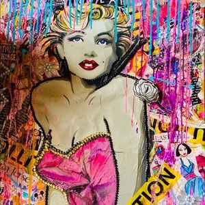 Mixed media collage painting of Marilyn Monroe